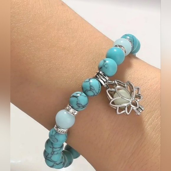 Turquoise Beaded Bracelet with Silver Lotus Charm Emotional Stability - Picture 3 of 4